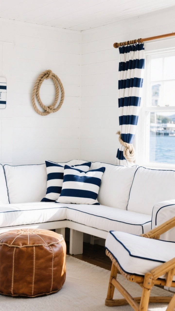 Medium shot of a cheerful boat-club vignette: pure white walls, navy-and-white Breton stripe textiles on pillows and a bench cushion, white slipcovered sofa, tan leather ottoman or sling chair, details like navy piping on upholstery and subtle striped trim on drapery, a few rope-knot accents used sparingly; bright, upbeat preppy feel under crisp daylight; photorealistic, no people.