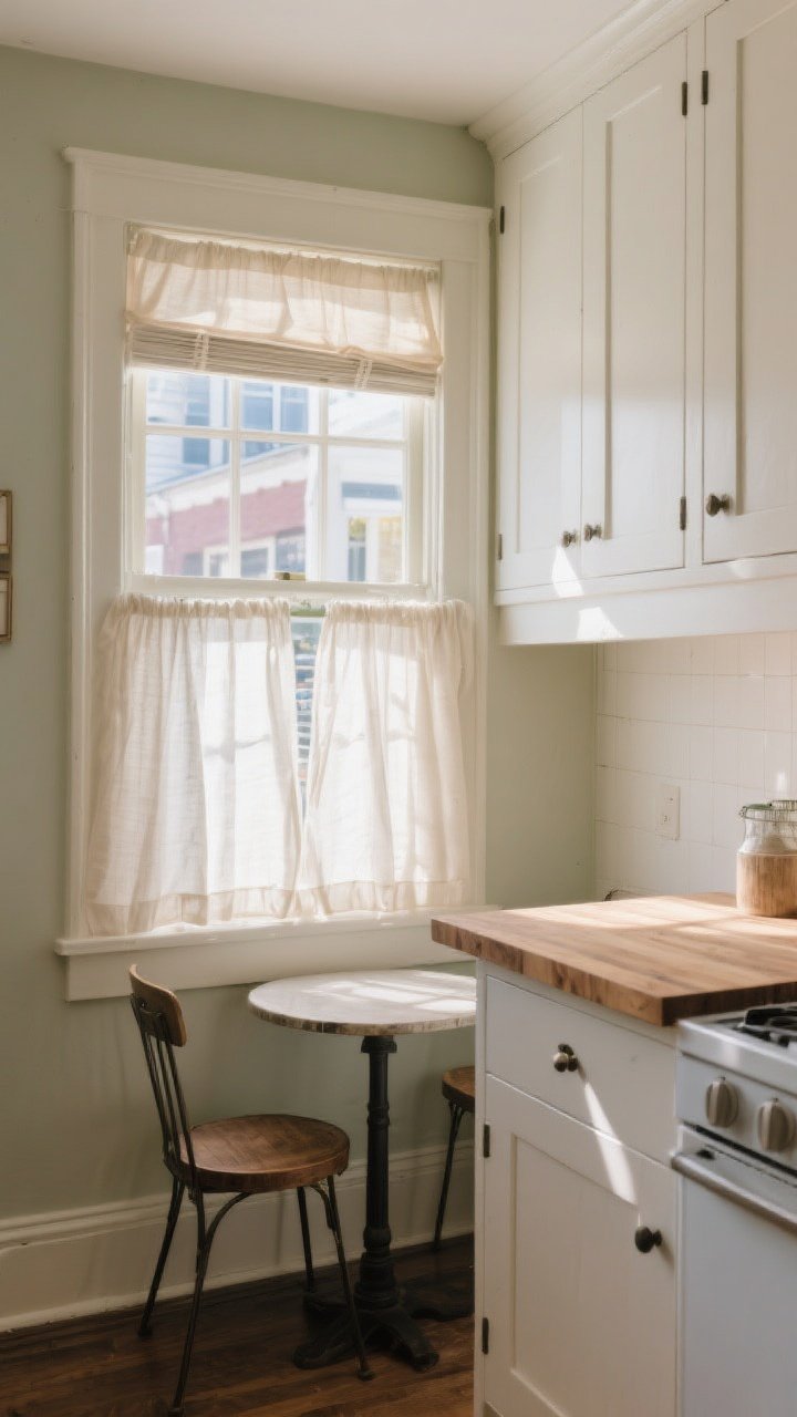 Medium shot of a cozy kitchen nook with breezy cafe curtains in light cotton or linen covering the lower half of a street-facing window; top half open to let sunshine pour in; optional simple valance omitted for a modern cottage feel; white shaker cabinets, butcher block countertop, and a small bistro table; natural daylight emphasizing charm and function; slight overhead-corner angle