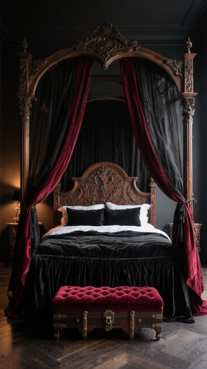 Medium shot of a dramatic gothic bed as the focal point: a four-poster canopy bed with arched, carved wood headboard, draped in sheer black and burgundy canopy panels for high-impact drama. Add a heavy fabric bed skirt in black that hides under-bed storage. At the foot, place a tufted oxblood velvet bench and an antique trunk. Lighting is warm and dimmed, highlighting the headboard’s carved details and the soft sheen of velvet; straight-on composition, photorealistic, no people.
