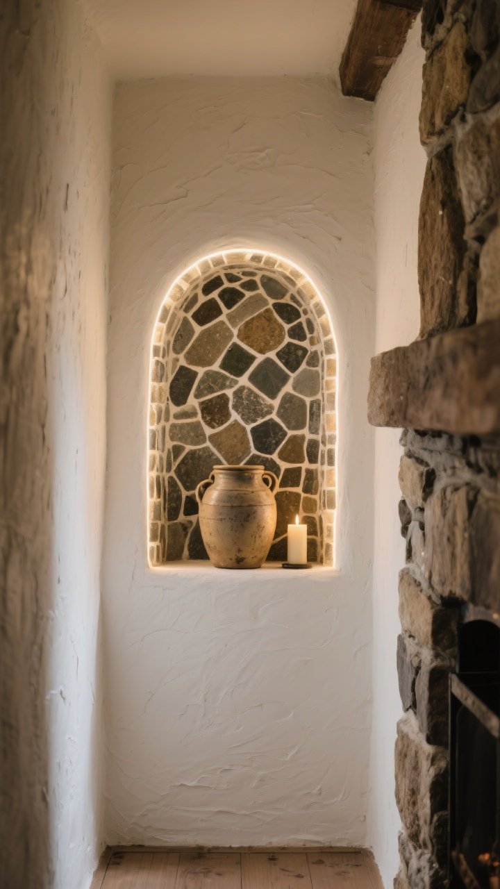 Medium shot of a hallway niche: an arched stone niche carved into a plastered farmhouse wall, lined with contrasting small mosaic stone at the back for depth. A tiny integrated LED strip uplight washes the curve; inside sits an antique crock and a candle. Surrounding wall in warm white, subtly troweled texture; adjacent stacked-stone edge hints at a nearby fireplace. Evening ambience, focused accent lighting making the niche feel custom. Photorealistic, straight-on.