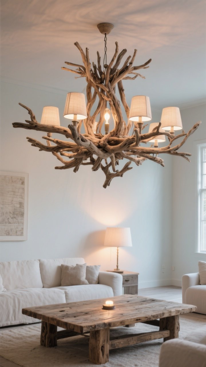 Medium shot of a living room ceiling centerpiece: an oversized chandelier made from real, weathered driftwood branches, airy and sculptural, fitted with simple soft bulbs and optional slim linen shades for diffusion; walls in muted coastal white, reclaimed wood coffee table below; dimmer set to a soft sunset glow, highlighting the organic texture without feeling heavy, photorealistic.
