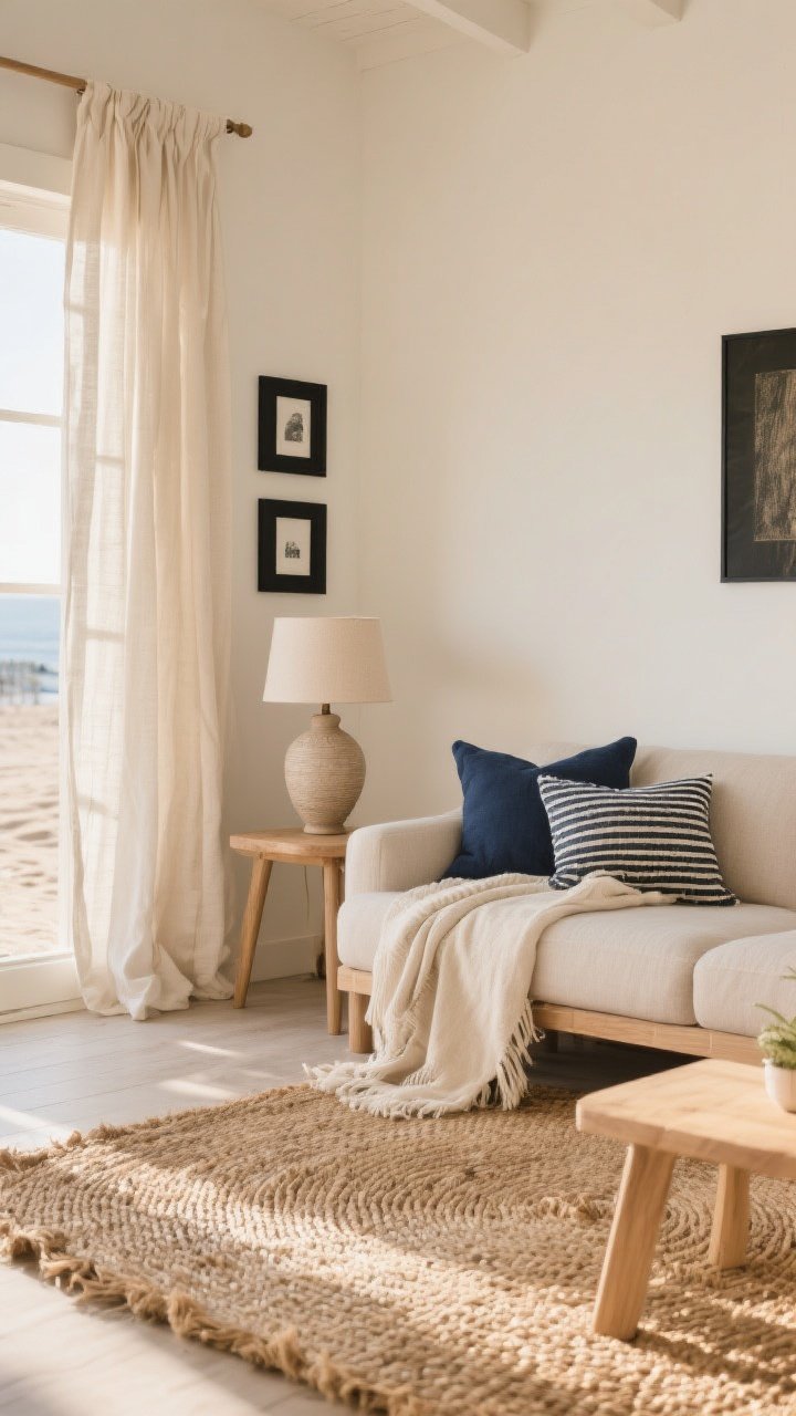 Medium shot of a relaxed seating nook bathed in warm light: creamy warm white walls, linen curtains, natural cotton throw, large woven jute rug underfoot, light oak or ash side table, soft navy accent pillows on a neutral sofa, ceramic table lamp, a few matte black picture frames on the wall; textures are the star (linen, jute, seagrass feel), sun-kissed beach-house vibe; photorealistic, no people.