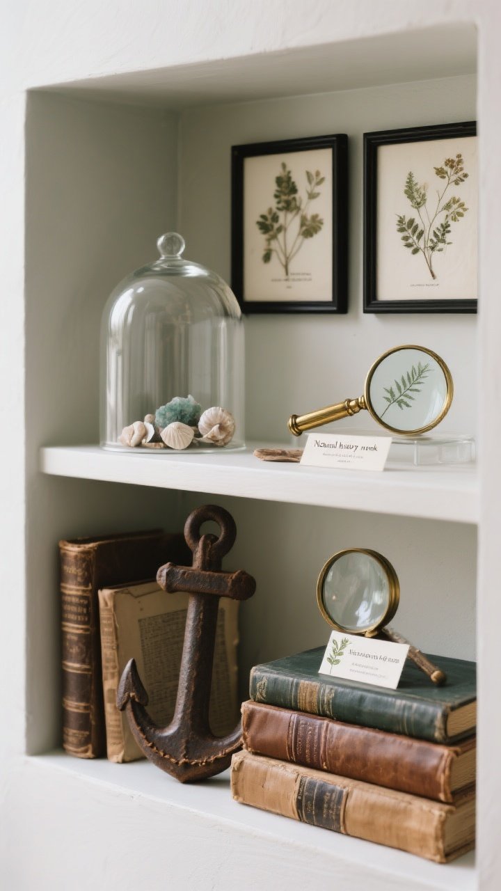 Medium shot of a single shelf curated as a tiny museum with a “Natural history nook” theme: pressed botanicals in antique thin black frames leaned at back, a glass cloche covering a small mineral and shell assortment, a brass-handled magnifying glass resting on a chunky anchor stack of leather-bound books. Add a small botanical label card for exhibit feel. Soft, diffused daylight for a contemplative mood; textures of paper, glass, and aged leather prominent; straight-on perspective for a clean, exhibit-like composition.