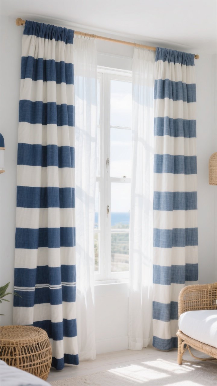 Medium shot of a window dressed in chic blue-and-white striped curtain panels, vertical stripes for height, paired with plain white sheers behind; color options shown as navy-and-white or denim-and-ivory palette within the same scene; modern coastal room with white walls and rattan accents; sunlight filtered to a soft glow; emphasis on stripe scale suitable for a medium-sized room; straight-on view