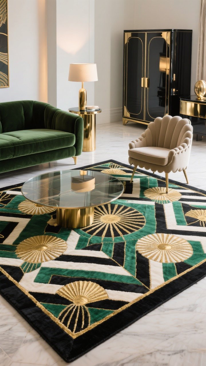 Medium shot of an open-plan seating area: An Art-Deco geometric rug with fan motifs and sunburst angular repeats in opulent colors—emerald, black, cream, and gold accents—featuring a defined border that neatly corrals the furniture. A velvet sofa and smoked-glass coffee table sit atop the rug, while a lacquered cabinet glints nearby. One dominant metal finish—brass—unifies lighting and hardware. A rounded coffee table and a scalloped-edge accent chair balance the rug’s hard angles. Soft, indirect lighting underscores graphic glamour.