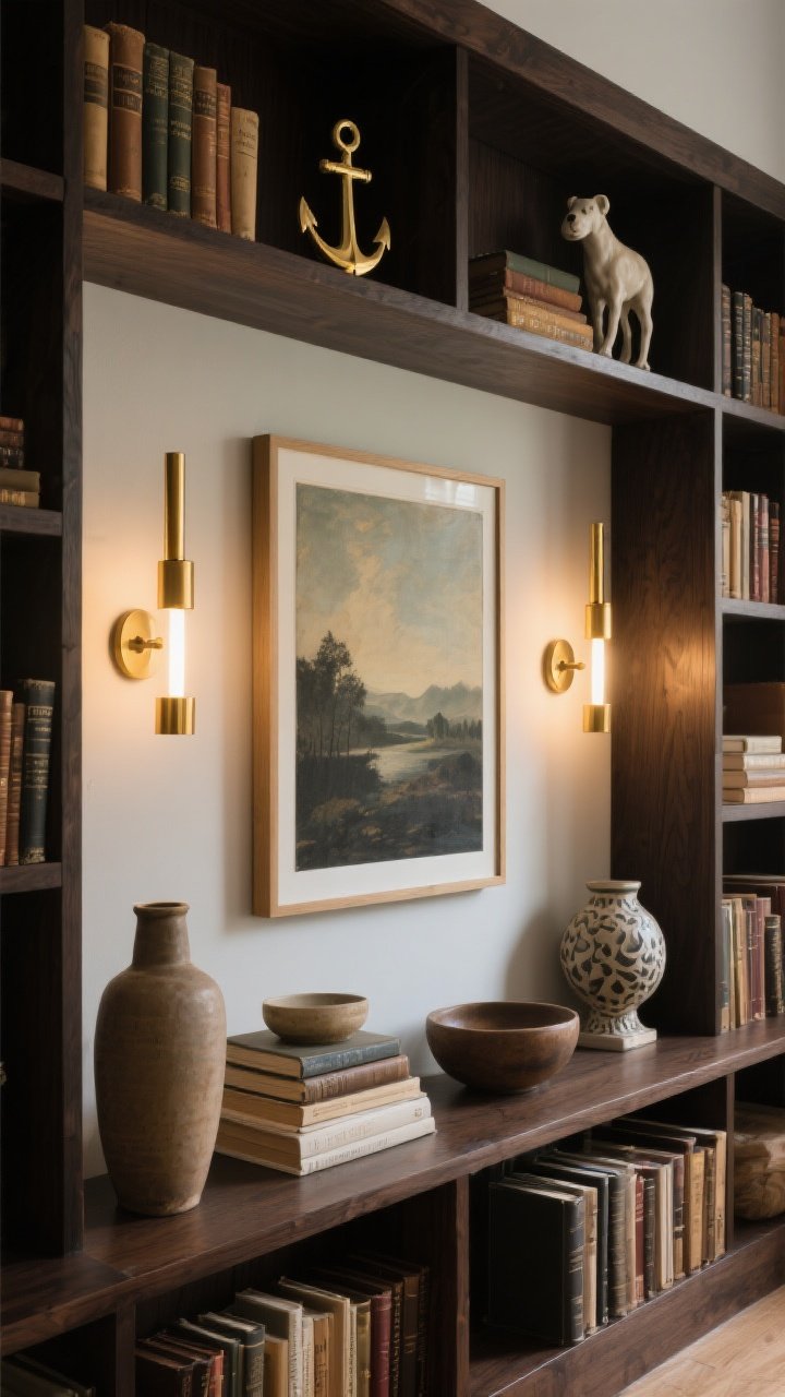 Medium shot of bookcase and art wall: Anchor collections with brass picture lights and library glow. Install slim brass lights atop dark wood bookcases to graze shelves of vintage books, ceramic dogs, and moody landscape paintings. Add small LED battery-powered brass picture lights over framed art for renters. Vary object heights (tall vases, stacked books, low bowls) to create depth. Warm color temperature, low-to-medium lumens for a soft, curated glow, no people, photorealistic.
