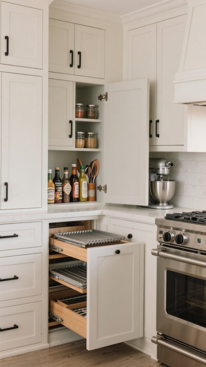 Medium shot of character-rich cabinets with hidden storage: warm white or greige shaker doors paired with flat-front drawers and streamlined matte black hardware, slab cabinet ends; open a few sections to reveal pull-out pantry beside the range (spices, oils, sauces organized), a drawer-within-drawer for utensils, an appliance garage with a mixer tucked away, vertical tray dividers for sheet pans; include soft-close hinges mid-motion; neutral, even lighting, slight corner angle, photorealistic.