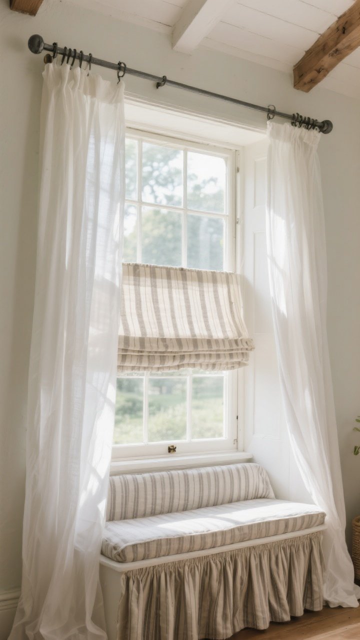 Medium shot of cottage windows emphasizing layered treatments: sheer white curtains billowing slightly with daylight, beneath them linen roman shades in a subtle ticking stripe for privacy; simple matte iron curtain rod and understated wood hardware; if visible, a cozy window seat with café curtains on the lower sash for a storybook touch; soft, airy morning light flooding the space without harsh contrast; photorealistic, no people.