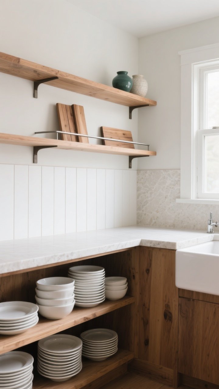 Medium shot of functional open shelving over a sink run: one wall with wood open shelves backed by tongue-and-groove beadboard, lowest shelf holding neatly stacked white everyday plates and bowls, upper shelf with restrained decor (two accent colors visible in ceramics and a few wood boards), a slim rail/lip along shelf fronts to prevent slippage, light stone counter, minimal clutter; bright, airy natural lighting, slight corner angle for depth, photorealistic.