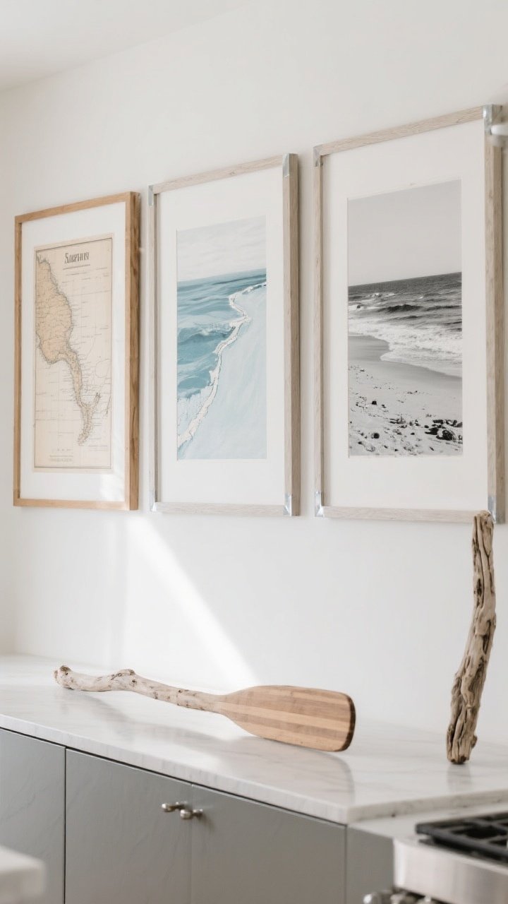 Medium shot of kitchen wall art with salt-kissed restraint: a trio of thin-framed pieces over a sideboard—an abstract seascape in soft blues and neutrals, a vintage coastal map, and a black-and-white beach photograph; frames in light oak and white with brushed metal accents; a single driftwood paddle leaned as a sculptural accent; clean, uncluttered styling with indirect daylight washing over the artwork.