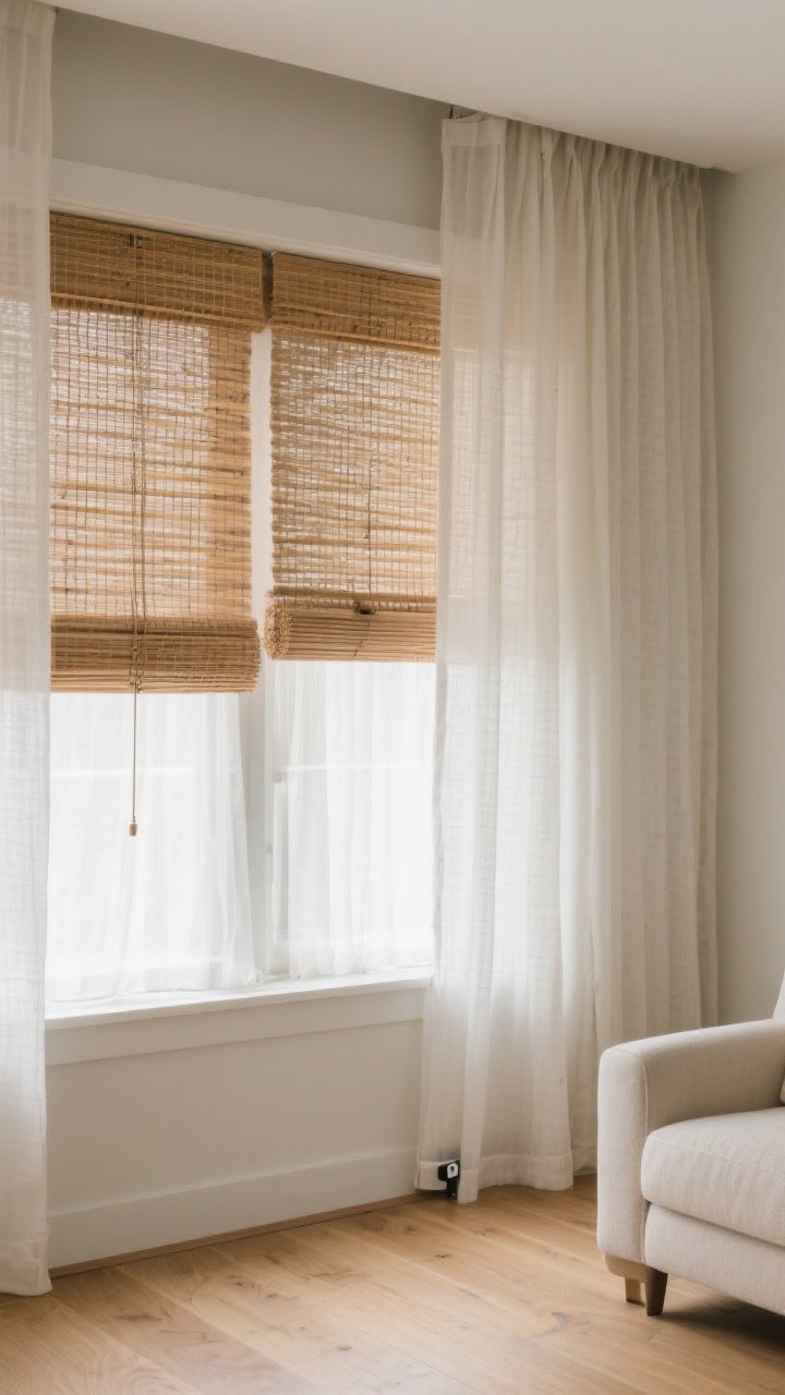 Medium shot of layered window treatments: woven wood or bamboo shades beneath light linen or sheer white curtains; the shades partially lowered for privacy while soft glow filters through the fabric; tones of the shades coordinated with light oak floors and neutral furniture; cordless mechanism visible for a clean look; corner angle to show depth and dimension of the layers