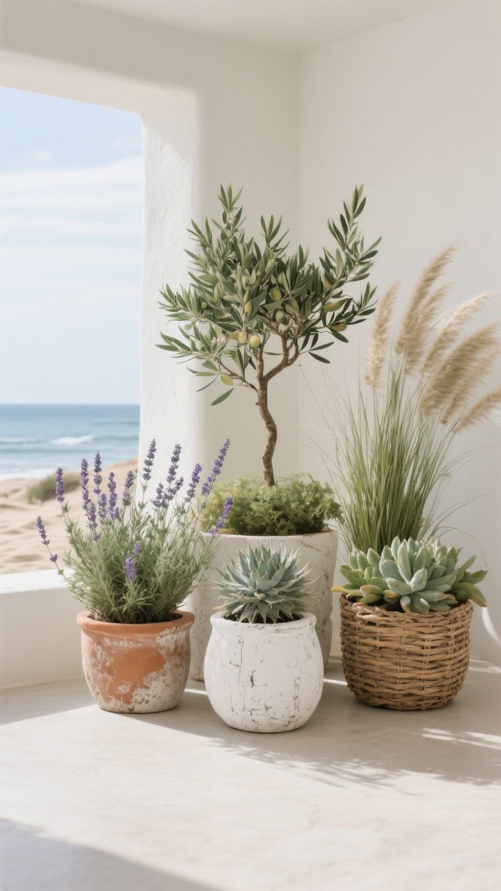 Medium shot of natural greenery arranged like coastal dunes: groupings of fountain grass, rosemary, lavender, a small olive tree, succulents, and sea holly in whitewashed, terracotta, aged stone, and woven basket planters; arranged in threes with varied heights and intentional negative space; gentle breeze implied by plant posture; soft coastal daylight, photorealistic.