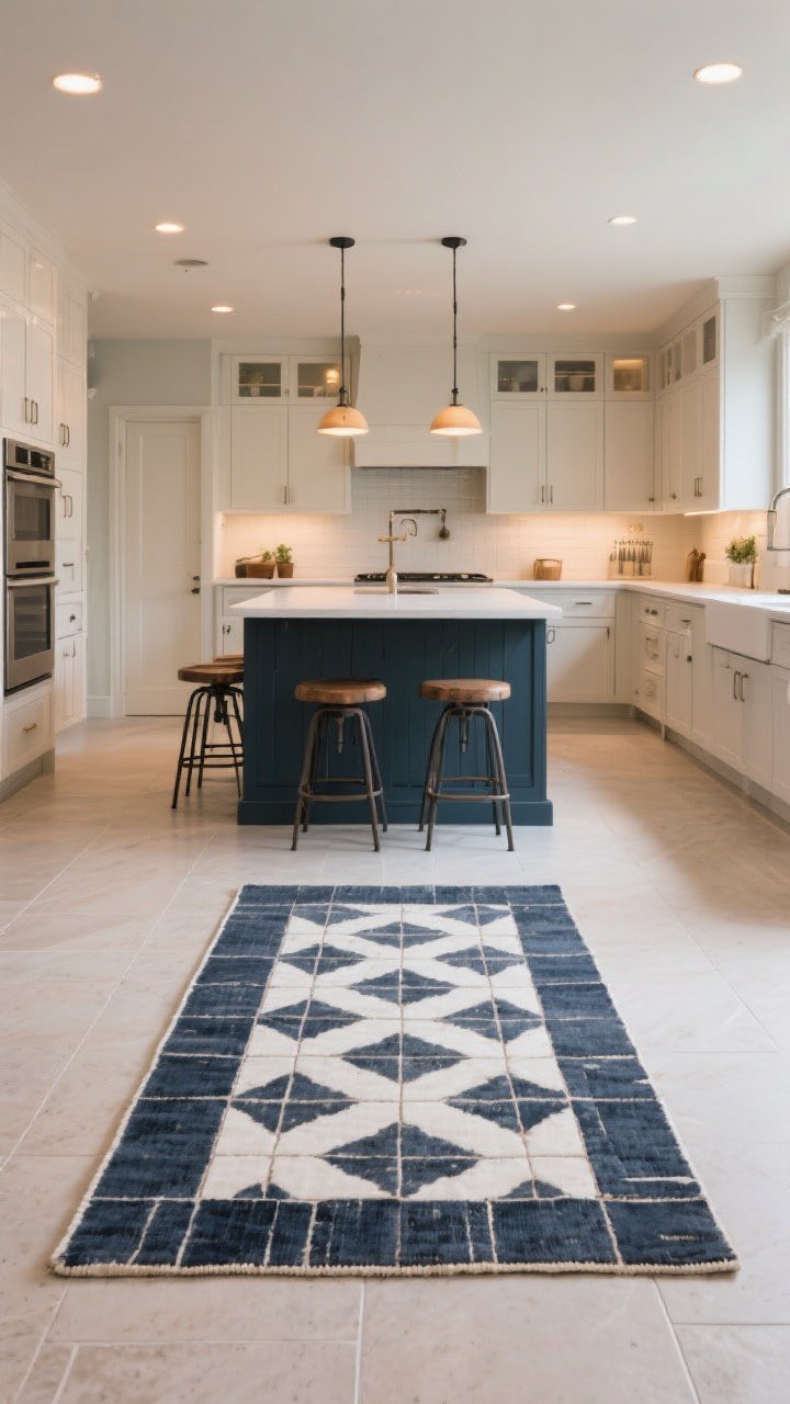 Medium shot: Open-concept kitchen with a defined tile rug under the island—central hero encaustic pattern rectangle in navy, white, and charcoal, framed by a solid border and surrounded by simple pale floor tile. The island sits perfectly centered on the “rug,” with barstools pulled back. Warm ambient lighting and subtle pendants. The rest of the floor remains quiet for contrast. Straight-on view aligning the rug’s geometry with cabinetry lines.