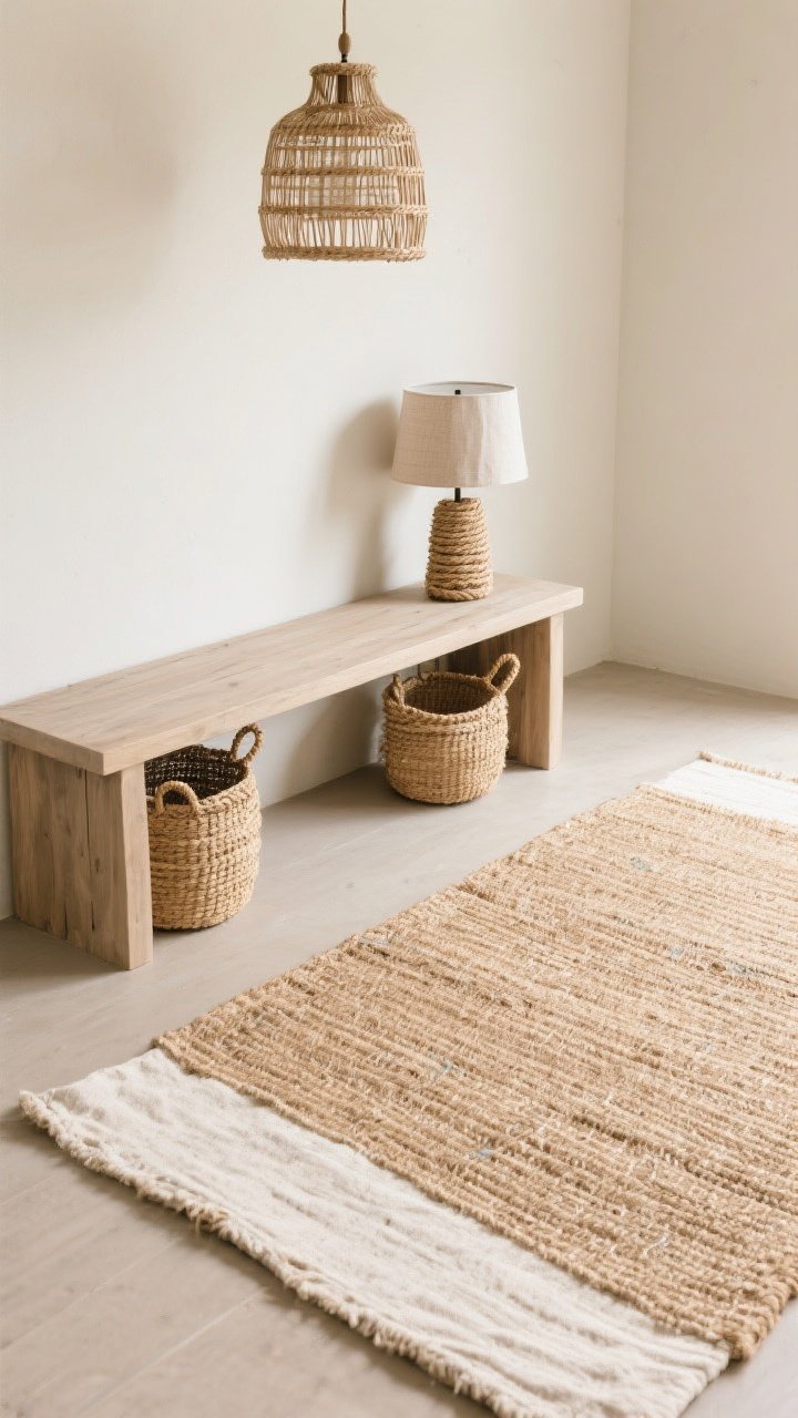 Medium shot, overhead angle on a rug zone: A jute or sisal area rug with a soft cotton layering rug on top; a bleached wood console table with a matte, hand-rubbed finish. Styling includes a woven pendant barely visible above, a rope-wrapped lamp base with a linen shade, and seagrass baskets tucked below the console. Finishes are low-sheen, casual, and natural; color palette is warm neutrals and raw wood.