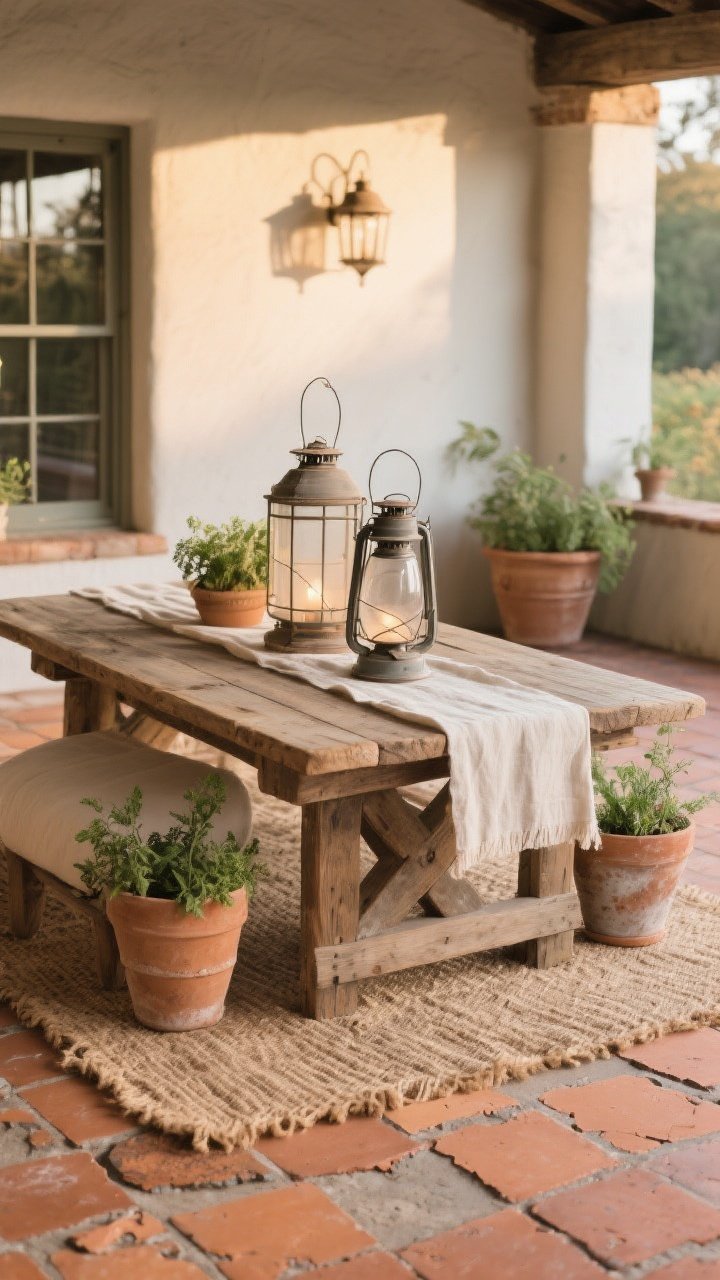 Medium shot, rustic farmhouse patio vignette at late afternoon: hand-made terracotta tiles with uneven edges and matte finish, layered neutrals, a weathered wood farm table with oversized lanterns on top, linen runner, a jute rug layered over the tile, vintage clay planters with herbs; soft warm glow and gentle shadows; cozy, lived-in texture focus; photorealistic, no people.