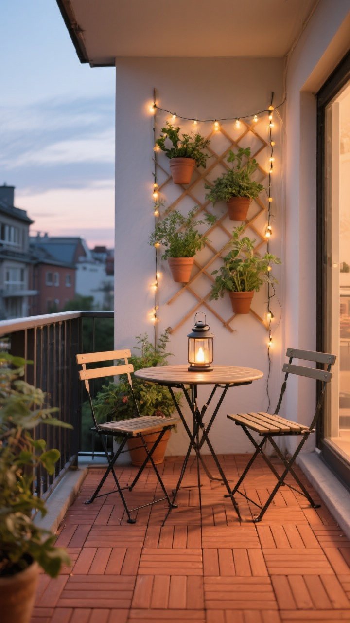Medium shot, small balcony with big personality in soft evening light: interlocking terracotta-look deck tiles, compact round bistro table with two folding chairs, vertical garden of wall planters/herb pots on a slim trellis, string fairy lights and a small battery-powered lantern creating a cozy glow; space-savvy arrangement and intimate mood; photorealistic, no people.