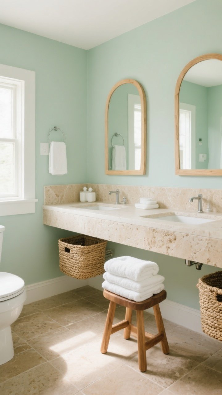Medium shot, spa-like bathroom: seafoam green painted walls, warm sand-beige stone vanity and flooring, stacked fluffy white towels on a maple stool; light oak mirror frame and seagrass baskets for storage; subtle white accents keeping the palette fresh; soft diffused morning light, straight-on view, serene and airy.
