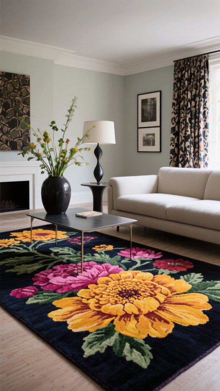 Medium shot, straight-on: A chic seating area featuring an overscale floral rug with giant marigold, fuchsia, and forest green blooms on a deep, inky ground. Structured furniture—clean-lined sofa, sculptural floor lamp, and a sleek side table—balances the drama. A single oversized vase holding fresh stems echoes the rug’s flower tones. Gallery wall and patterned drapes are present but subdued by the rug’s anchoring scale. Even, soft natural light enhances the romance and boldness without feeling fussy.