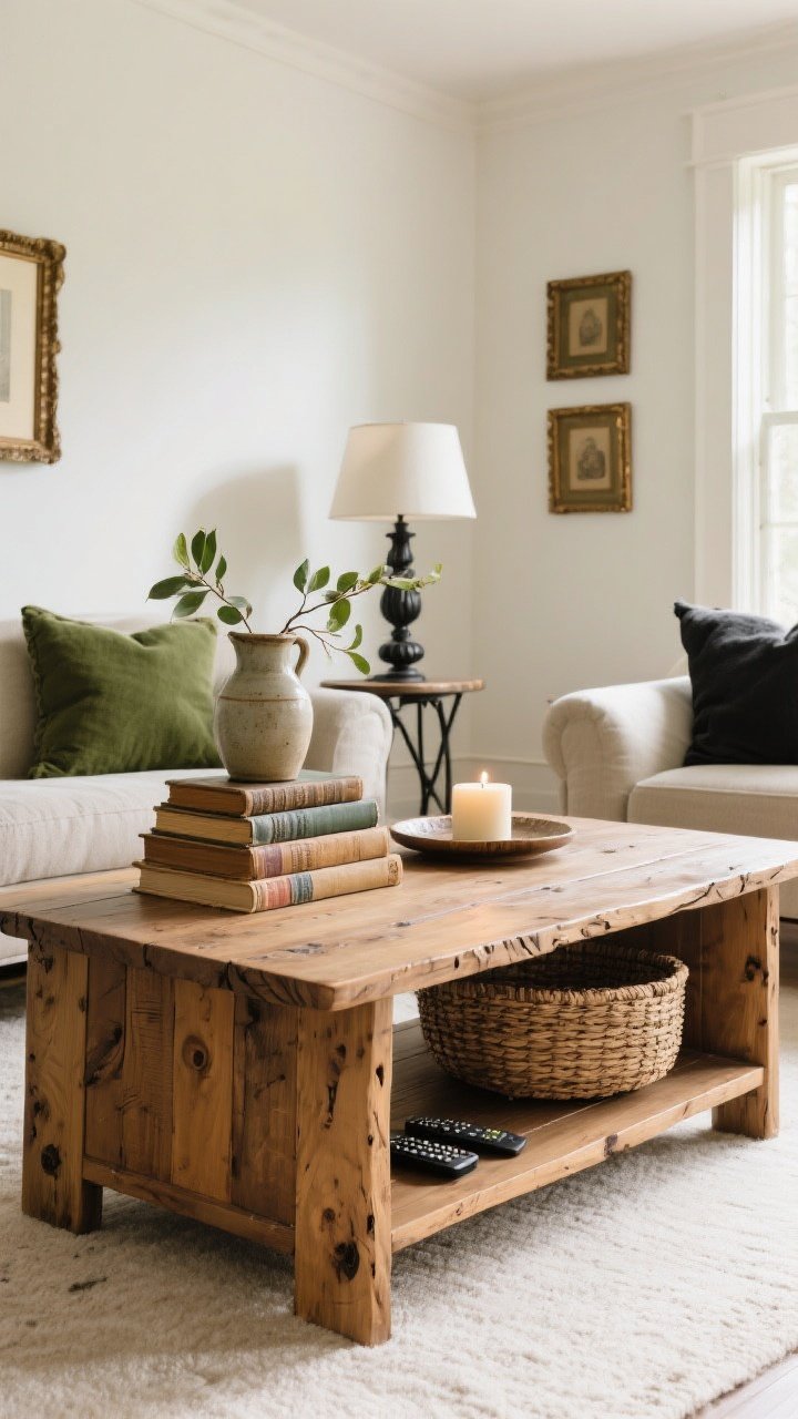 Medium shot, straight-on: A living room anchored by a substantial heirloom-style wood piece—a heavy warm-oak coffee table with matte finish and subtle live-edge/breadboard ends, showing visible grain and knots. On top: stacked antique books, a ceramic jug with leafy branches, and a candle plate. Surrounding accents include bronze picture frames and a blackened iron table lamp; a lidded woven basket sits under the table for remotes. Cream walls, soft green accents, and charcoal textiles keep the palette grounded. Afternoon light, gentle falloff, no gloss.