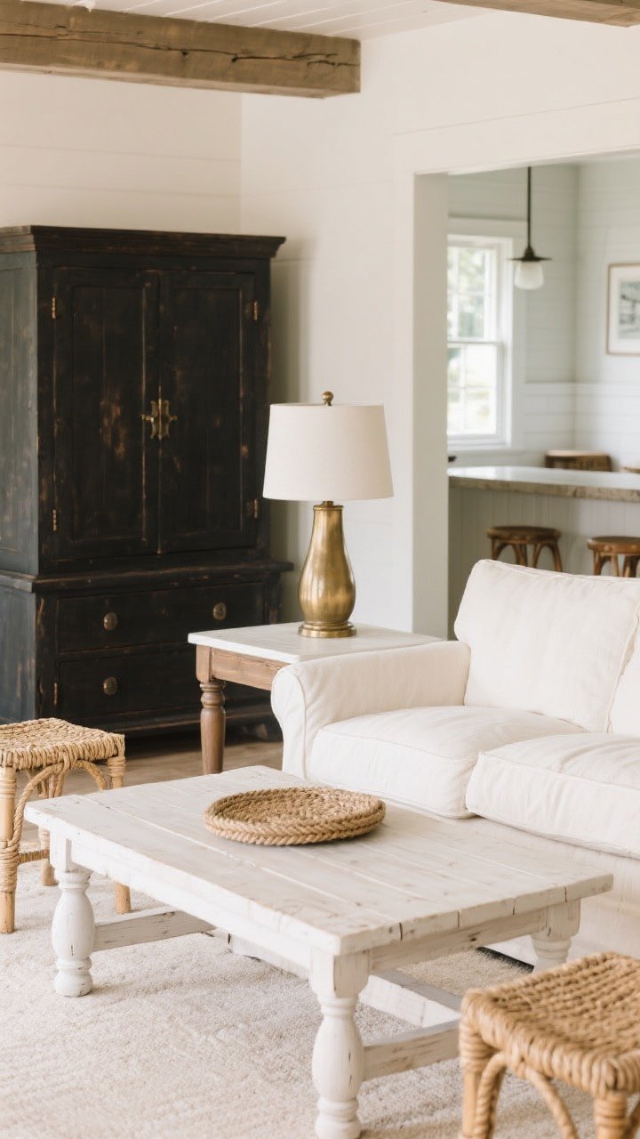 Medium shot, straight-on: A seating vignette featuring a cream slipcovered sofa with classic, clean lines; a whitewashed oak trestle coffee table with turned legs; and two counter stools with woven seats and rope details visible in the background. Hardware on a nearby cabinet in black/oil-rubbed bronze, with a subtle brushed brass table lamp for a gentle coastal glow. Lighting is warm and natural, highlighting timeless silhouettes with relaxed coastal finishes.