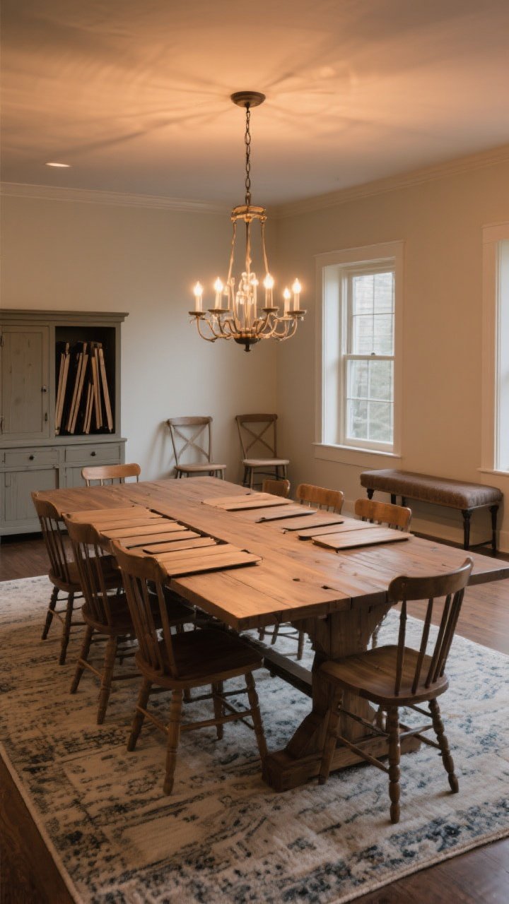Medium shot, straight-on: An expandable farmhouse table shown fully extended with leaves in place, set within a room planned for its largest size. A chandelier scaled to half to two-thirds the table width is centered above at 30–36 inches from the top. A large rug sized so all chair legs remain on it when pulled out. A nearby cabinet subtly hints at storage for leaves (or self-storing leaves visible). Two extra chairs or a bench are styled along a wall for easy pull-in. Warm evening lighting; photorealistic, versatile entertainer mood.