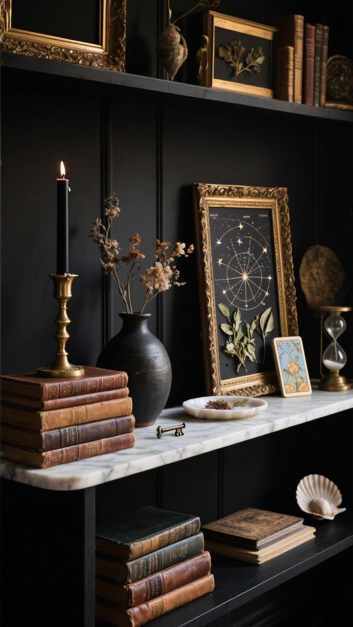 Medium shot, straight-on bookshelf and console: Curated objects with mystery arranged using the rule of three and negative space. Stacks of leather-bound vintage books laid horizontally as risers, a tall brass candlestick with black taper showing natural wax drips, a medium dark ceramic vase with dried flowers, and a small antique key on a marble tray. Nearby: pressed botanicals in an ornate frame, a celestial star map, a tarot deck, an hourglass, and a few ethically sourced shells. Black gallery and aged gold frames tie the art direction together. Warm, moody lighting with intentional breathing room. Photorealistic, no people.