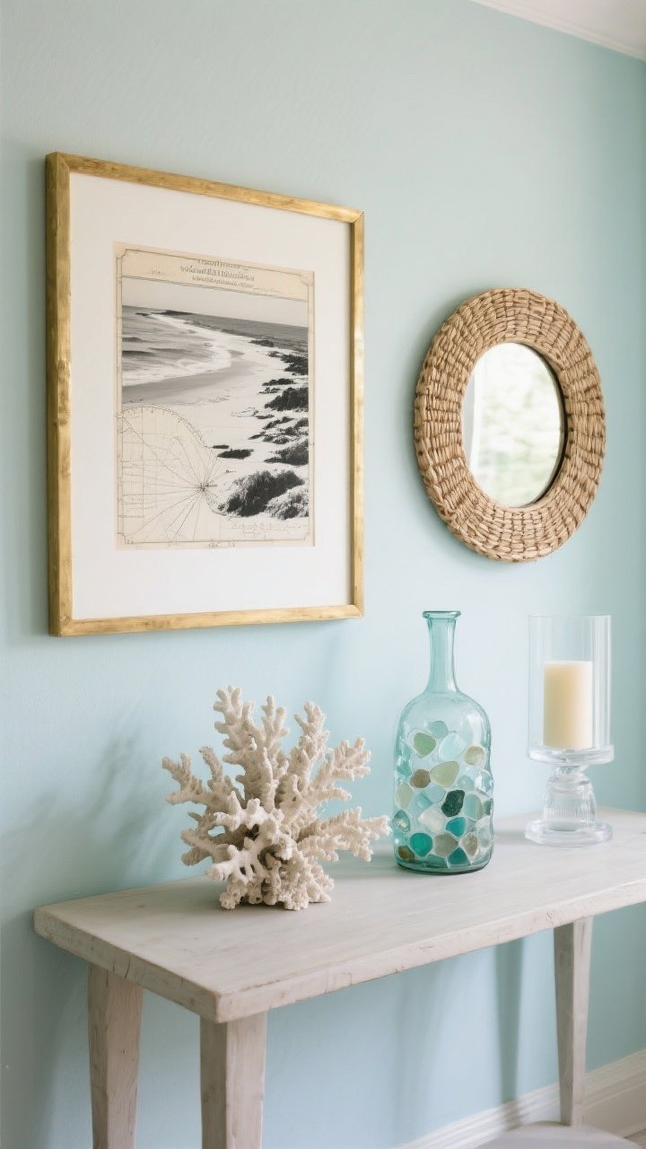 Medium shot, straight-on: Curated coastal art and accents over a pale wall. A brass-framed black-and-white shoreline photograph pairs with a single oversized vintage nautical chart. On the console below, a faux coral-style sculpture rests beside a recycled glass vase in sea-glass hues and a clear hurricane with a pillar candle. A round porthole-inspired mirror with a woven rattan frame reflects light. The palette leans watery blues, seafoam green, sandy neutrals; edited, uncluttered composition under gentle ambient lighting.