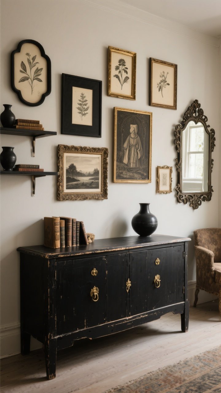 Medium shot, straight-on, focusing on a thrifted “hero piece” sideboard painted matte black with antique brass hardware; above it, a gallery wall of ornate thrift frames sprayed matte black and aged gold, displaying printable botanical etchings, moody landscapes, and a medieval motif; open shelves styled with old books and dark ceramics; nearby, a vintage mirror with an ornate frame reflecting subtle room light; textures show light patina and character without looking cluttered; command strips subtly implied by clean mounting; warm, soft interior lighting; photorealistic, no people.