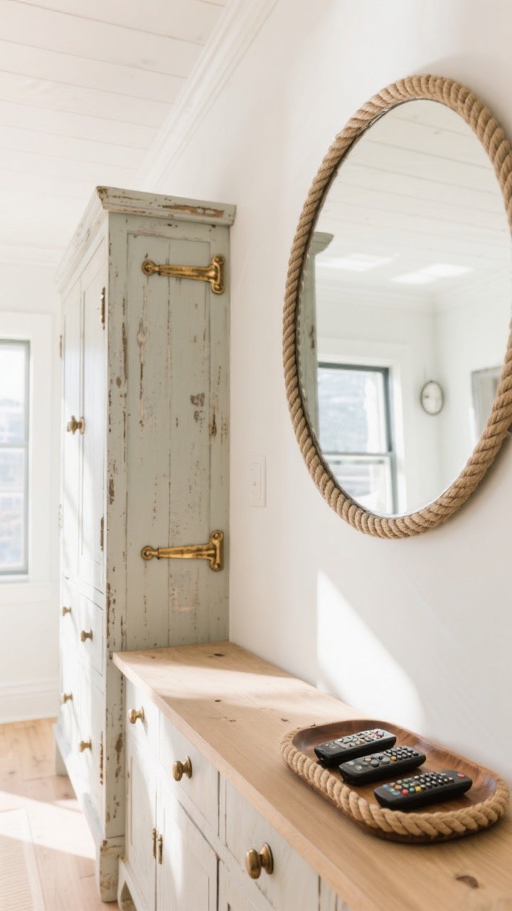 Medium shot: Tasteful maritime accents—cabinet with weathered brass pulls, a round thick-framed mirror reminiscent of a porthole bouncing light across the room, and a rope-trimmed wood tray corralling remotes on a light wood console; bright, even daylight; clean, shipshape detailing.
