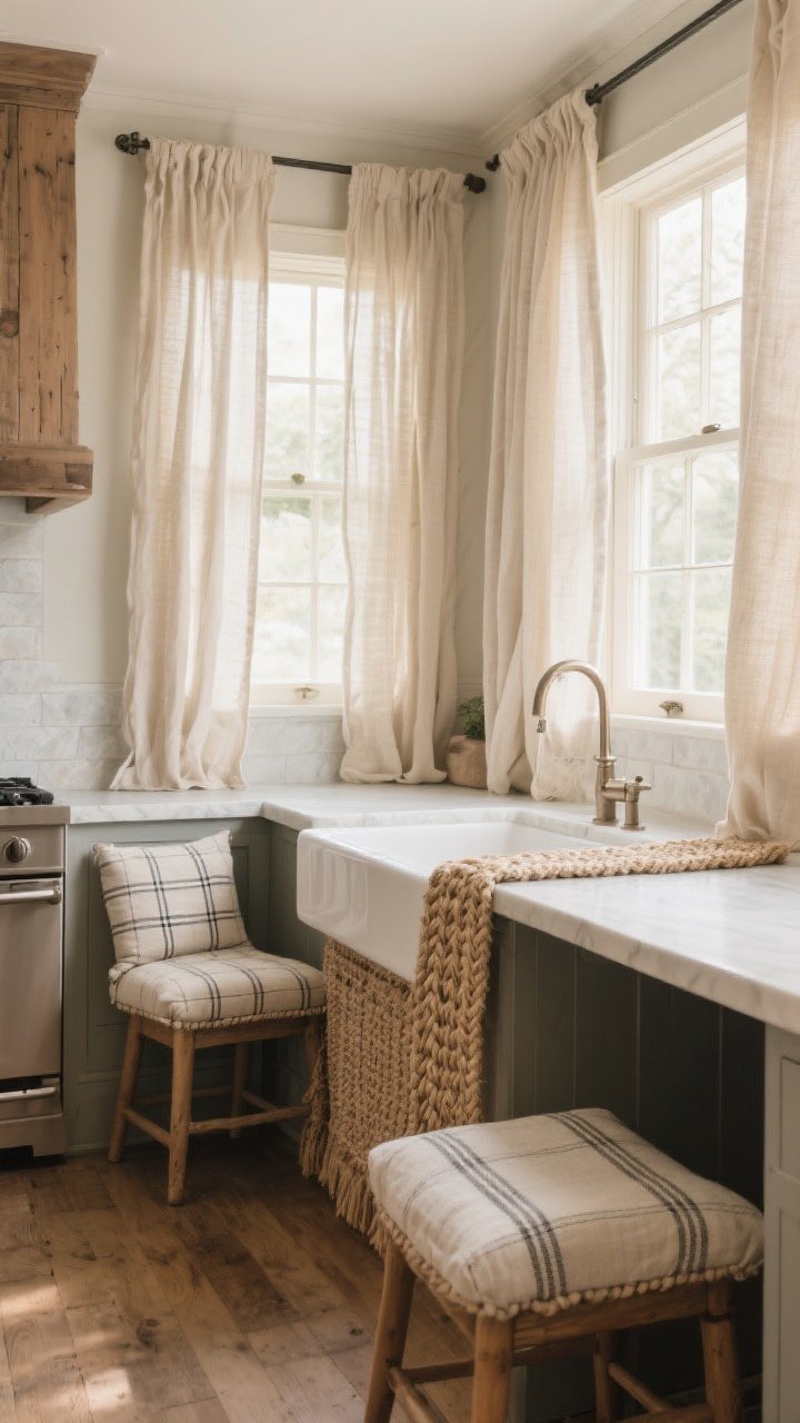 Medium shot: Textiles warming a hard-surfaced kitchen corner. Linen cafe curtains in oat/flax filtering sunlight over a farmhouse sink, a braided jute runner along the sink base, and seat pads in nubby neutral micro-checks at a small breakfast nook. Keep patterns subtle—thin ticking and micro-stripes—show texture and softness balancing wood and stone; soft, diffused daylight.