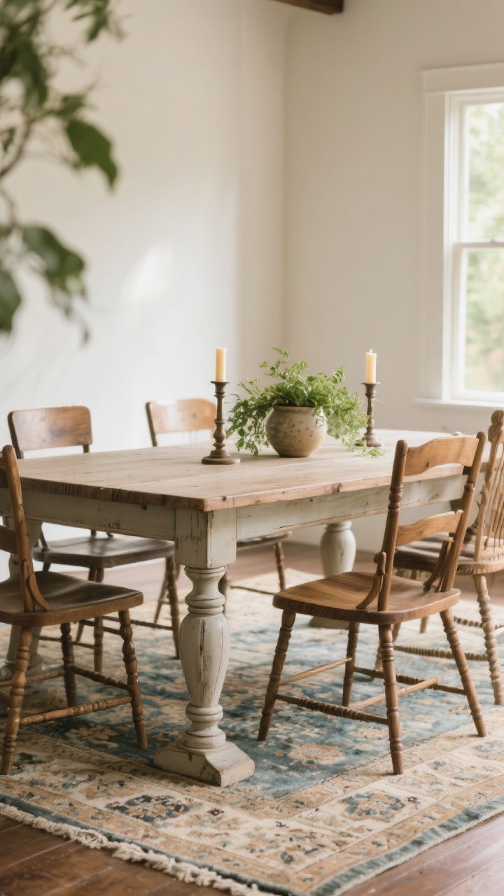Medium shot, three-quarter angle: An heirloom-style farmhouse dining table with turned legs, the leg detailing in crisp focus. The tabletop styled minimally with candlesticks, fresh greenery, and one ceramic vessel. Mixed wood chairs around the table in slightly varied tones for depth. A faded Persian or Oushak-style vintage rug grounds the scene. Gentle afternoon light; photorealistic, character-forward with old-world charm and restrained decor.