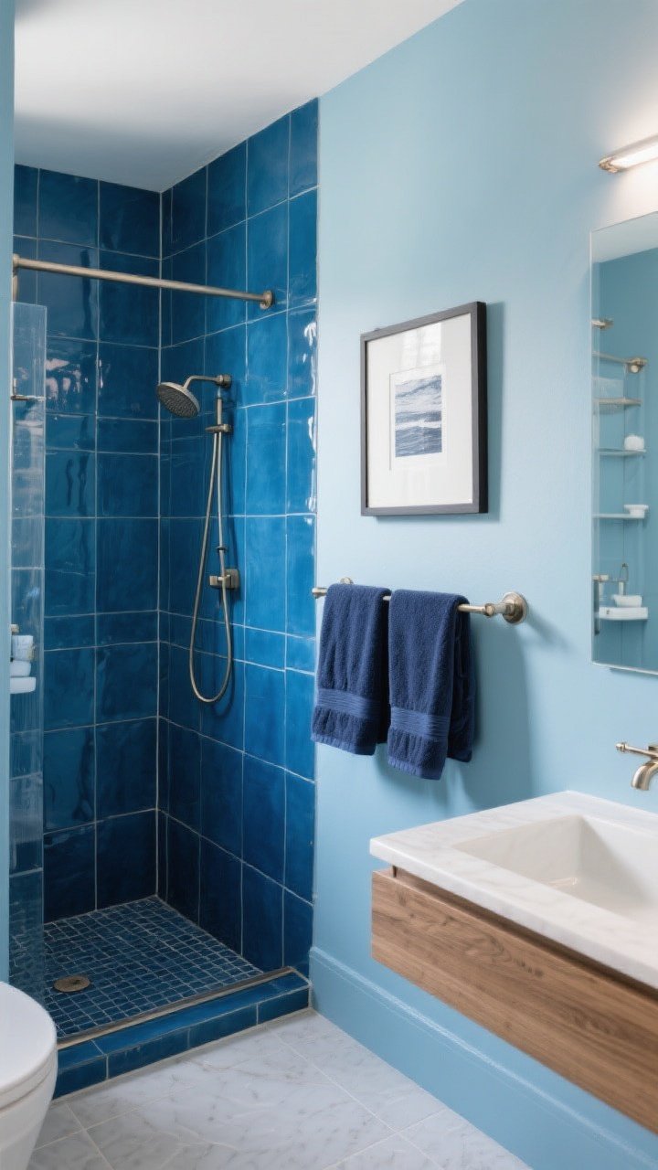 Medium shot: Tonal blue bathroom layering light, mid, and dark blues—powder blue painted walls, medium blue ceramic tile in the shower, and navy accents in towels and framed art; consistent tile size across zones for cohesion; glossy wall tiles for light bounce and matte floor tile for traction; slim oak shelf adding warmth; polished nickel fixtures for a dressier feel; balanced ambient light with subtle highlights on textures; photorealistic, corner perspective.