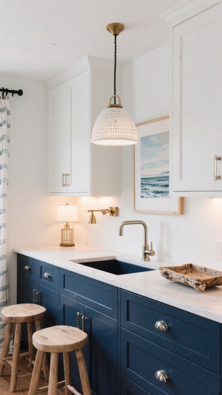 Medium, straight-on cabinetry and lighting scene: navy lower cabinets with polished nickel pulls and faucet, white walls or uppers, and layered lighting. Woven pendant or white drum fixture overhead (ambient), a brushed brass sconce or lamp nearby (task), and a picture light over coastal art (accent). Wood elements include light oak/ash stools and a driftwood-tone tray; avoid heavy cherry/mahogany. Include a matte black curtain rod or thin picture frame for a subtle contrast. Warm bulbs at 2700–3000K give navy richness and creamy whites. Photorealistic; no people.
