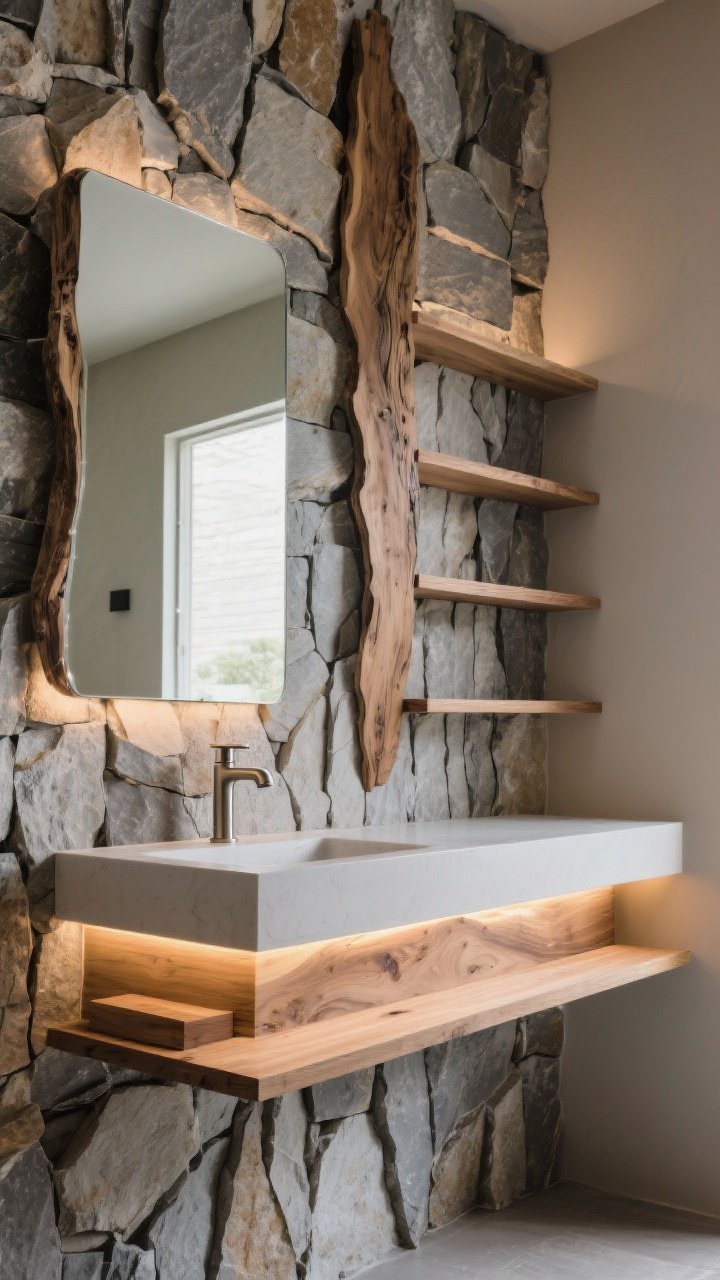 Medium straight-on view: A vanity wall transformed by a stacked stone statement surface in layered natural grays and taupes, dramatic vertical texture. Wall-mounted faucets in a minimalist finish keep sightlines clean. A live-edge wood mirror above the vanity and slim floating wood shelves. Warm LED strip lighting under the shelves creating shadow play across the stone ridges. High-contrast texture, photorealistic.