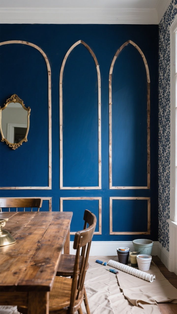 Medium, straight-on view of a dining wall transformed with a color-drenched accent in deep ink blue matte paint behind a wooden dining table; DIY faux paneling made from thin wood trim forming simple gothic arches, painted the same ink blue for a cohesive look; subtle damask peel-and-stick wallpaper visible on an adjacent partial wall; sample pots and a small foam molding off to the side on a drop cloth hinting at the DIY process; soft natural daylight grazing the matte finish to hide imperfections; metallic accents (a small antique brass mirror on the blue wall) subtly popping against the dark tone; no people, photorealistic.