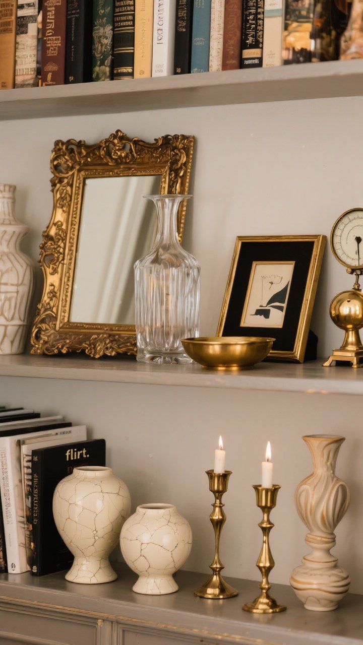 Medium, straight-on view of a maximalist bookshelf vignette mixing eras: an ornate Victorian gilt frame leaning behind a sleek modern clear glass vase, beside a quirky vintage scale paired with a contemporary art book. Repeat a unifying brass element across pieces (brass accents on the frame, a small brass dish, and a brass-trimmed black photo frame). Include two to three objects per era: a pair of cream ceramics with subtle crackle glaze for modern, a pair of small Art Deco candlesticks, and two Mid-Century sculptural ceramics. Warm ambient lighting with soft reflections in the brass, rich textures and intentional abundance without clutter, neutral wall backdrop to let objects “flirt.”