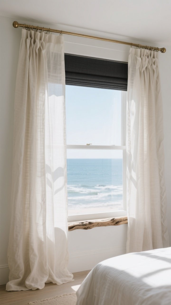 Medium, straight-on view of a sunlit coastal bedroom window dressed with sheer linen or voile curtains that softly glow and move, layered over lightweight privacy panels. Inside-mount a hidden thermal/blackout roller shade barely visible at the top of the frame. Hang the rod high and wide (6–10 inches above, extending 8–12 inches past each side) with a white or brushed brass finish; panels skim the floor with a relaxed drape. Use wave headers or gentle pinch pleats for a polished boutique look. Bright daytime light diffused through the sheers, casting gentle shadows on white walls and a driftwood-toned sill.