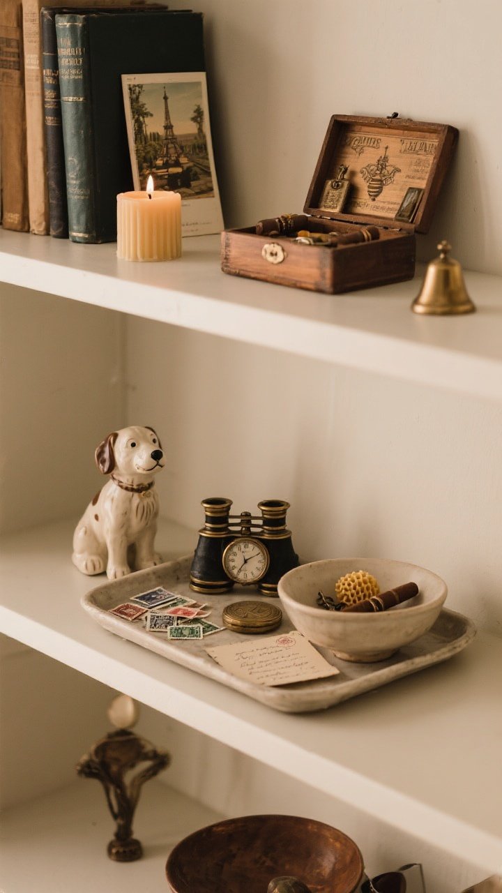 Medium, three-quarter angle of a shelf section focused on oddities and personal treasures: cluster small objects in threes/fives atop a shallow tray and a low bowl—opera glasses, a pocket watch, tiny stamp collection, and a handwritten note. Include a ceramic dog figurine from a grandmother and a postcard from Paris propped against books. Use a vintage cigar box to corral mini collectibles. Add a beeswax candle and a small brass bell for subtle sensory cues (unlit candle). Balanced negative space around clusters, warm ambient light for intimate, soulful mood.