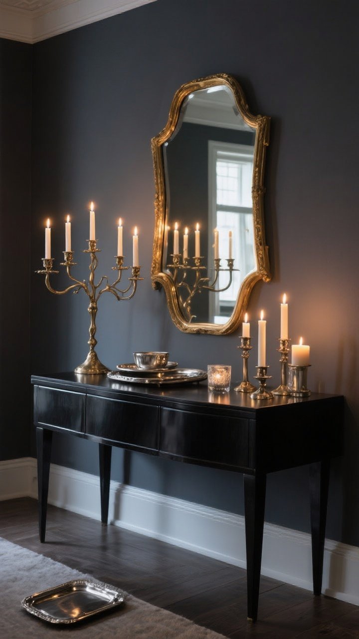 Medium vignette: A sideboard against a charcoal wall styled with a low, wide blackened brass candelabra featuring tall branching arms and slender “candles,” paired with a gilt mirror above to bounce warm light around the room; a mix of high-quality LED taper candles with real wax sleeves and a few shorter tapers and votives layered for cinematic light; pewter and antiqued silver accents on nearby trays; soft evening ambiance with gentle flicker, no wax drips; photorealistic, straight-on composition highlighting the reflective glow and finishes.