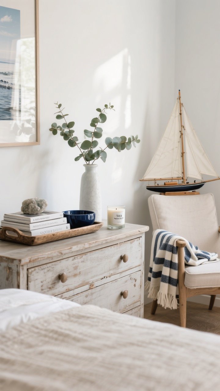 Medium vignette: Dresser top styled with finishing touches—weathered wood tray corralling a small stack of maritime photography books, a lacquered navy catchall, and a mineral-scented candle labeled sea salt, vetiver, cedar. A striped throw draped over a nearby chair, a neatly folded sailor’s blanket at bed’s foot just in frame, and a simple model sailboat with clean lines and neutral tones. A slim vase with eucalyptus stems adds greenery. Soft natural light, curated not costume; photorealistic.