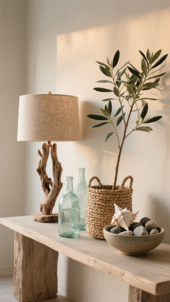 Medium vignette of a nature-forward console arrangement, chic and minimal: a sculptural driftwood or weathered wood lamp as the statement piece, a tall olive or rubber plant in a woven seagrass basket for height, a few sea-glass-toned glass bottles, and a ceramic bowl holding a handful of smooth collected stones with a single conch shell; neutral backdrop, warm, indirect daylight.