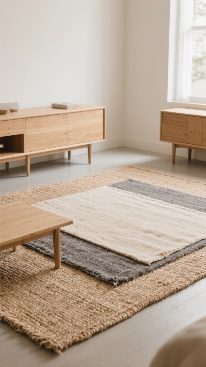 Medium-wide shot grounding the room with rugs: a large natural fiber jute rug sized so front legs of furniture rest on it, layered with a smaller cotton/wool flatweave in muted sand and slate tones; light wood furniture, visible rug pad thickness suggested by slight lift; soft daylight, relaxed not precious