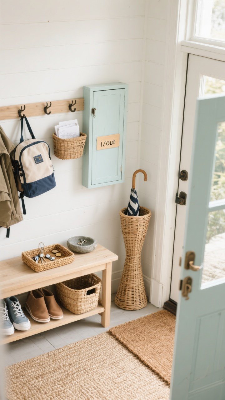 Overhead detail: A well-organized coastal “drop zone” on a pale oak console. A rattan key tray and a small stone dish separate keys and coins/earbuds. A slim wall-mounted mail basket labeled In/Out keeps papers off the surface. Nearby, a wicker umbrella stand sits by the door on a sisal runner; low baskets under a bench hold everyday shoes. Sturdy hooks hold totes and backpacks; a small cabinet in a soft coastal hue manages coats. Include a coir welcome mat at the threshold; practical, photorealistic, warm daylight.