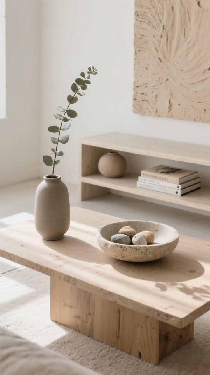 Overhead detail: Calm coffee table styling that brings nature in without mess. On a pale oak surface, a travertine bowl holding a few smooth beach stones, a single eucalyptus stem in a tall matte ceramic vase, and two neutral-spined design books neatly stacked. Nearby, a sand-toned textured art piece rests on the lower shelf. The scene is uncluttered and serene, with indirect natural light and soft shadows emphasizing the organic materials and sculptural plant form.