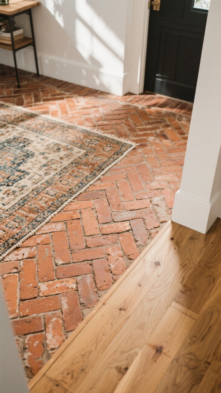 Overhead detail: Floors with soul and durability. Herringbone-laid brick pavers in terracotta/clay tones, slightly matte, with a vintage-look washable rug in a high-traffic zone. Edge of wide-plank light oak leading into frame for contrast. Natural daylight grazing across the texture to highlight warmth and rugged practicality, subtle wear that reads authentic.