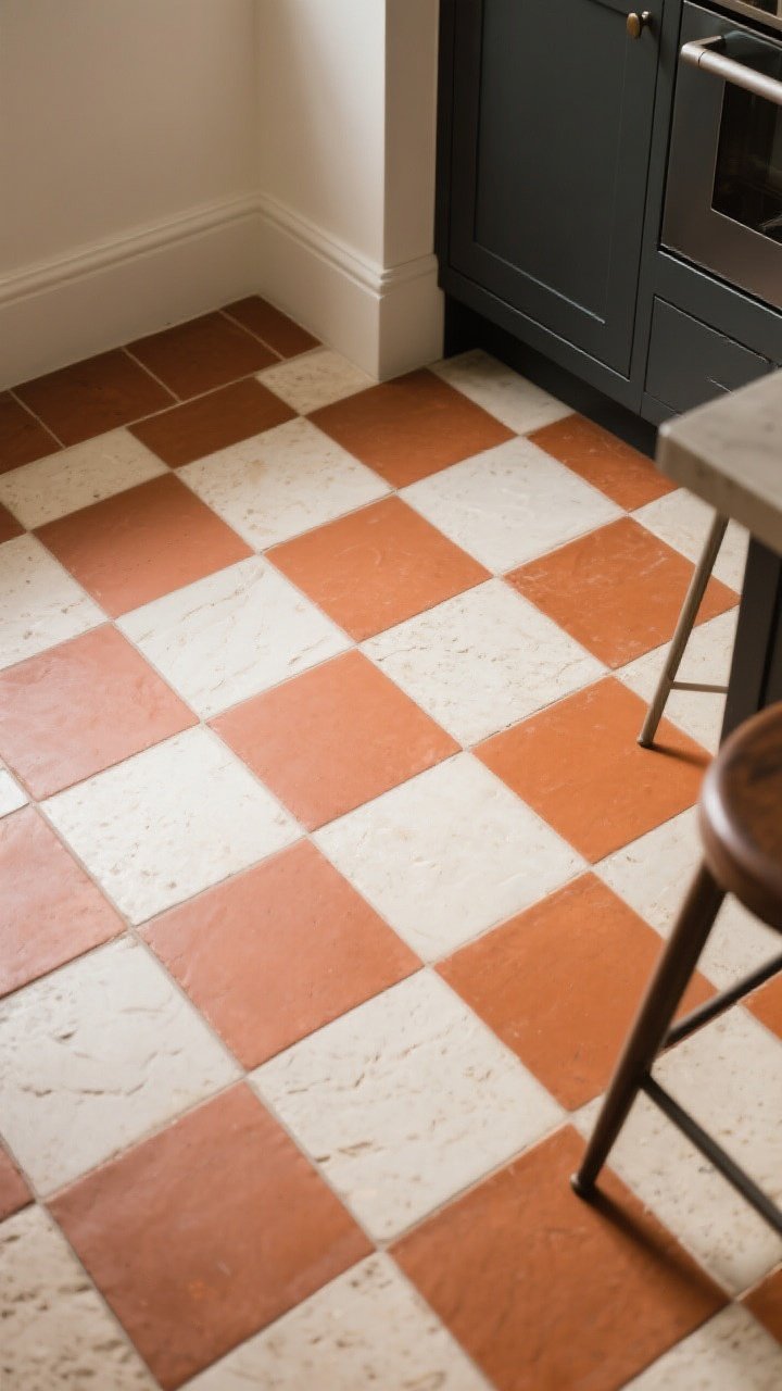 Overhead detail shot: A crisp terracotta-and-ivory checkerboard floor using 8x8 tiles, balanced pattern and function. The terracotta squares alternate with cream limestone tiles for an airy, grown-up vibe; another version visible at the edge transitions to terracotta + charcoal for moodier contrast. Scene suggests a kitchen corner with the base of sleek cabinets and a stool leg for scale; soft, diffused light to keep focus on the pattern and texture, photorealistic, no people.