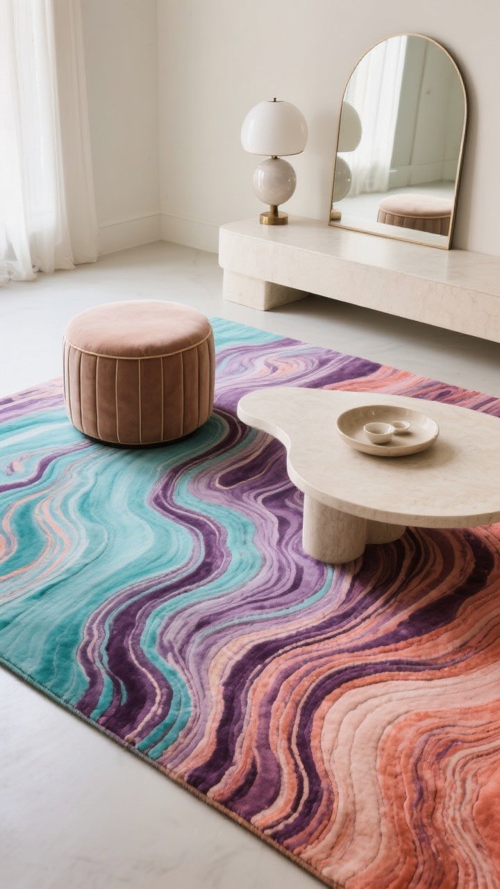Overhead detail shot: A psychedelic swirl rug with marbled, wavy patterns in three dominant hues—turquoise, plum, and coral—forming a smooth color gradient. A round drum ottoman and a curved-edge coffee table echo the rug’s soft movement. Nearby, a sphere table lamp and an arched mirror nod to rounded silhouettes. Clean, simple tabletop styling lets the rug act as the instant focal point. Diffused daylight highlights the flowing pattern and texture.