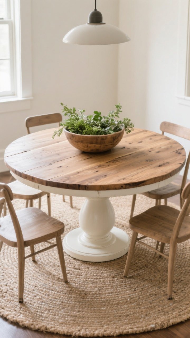 Overhead detail shot: A round farmhouse-modern table with a two-tone design—natural wood top and a creamy white pedestal base. A low, wide centerpiece such as a dough bowl filled with fresh greenery keeps sightlines open. The circular shape is centered over a round rug, softening a square room. Streamlined chairs tucked in evenly without leg interference. Even, soft natural lighting; photorealistic emphasis on the circular geometry, wood grain, and painted pedestal.