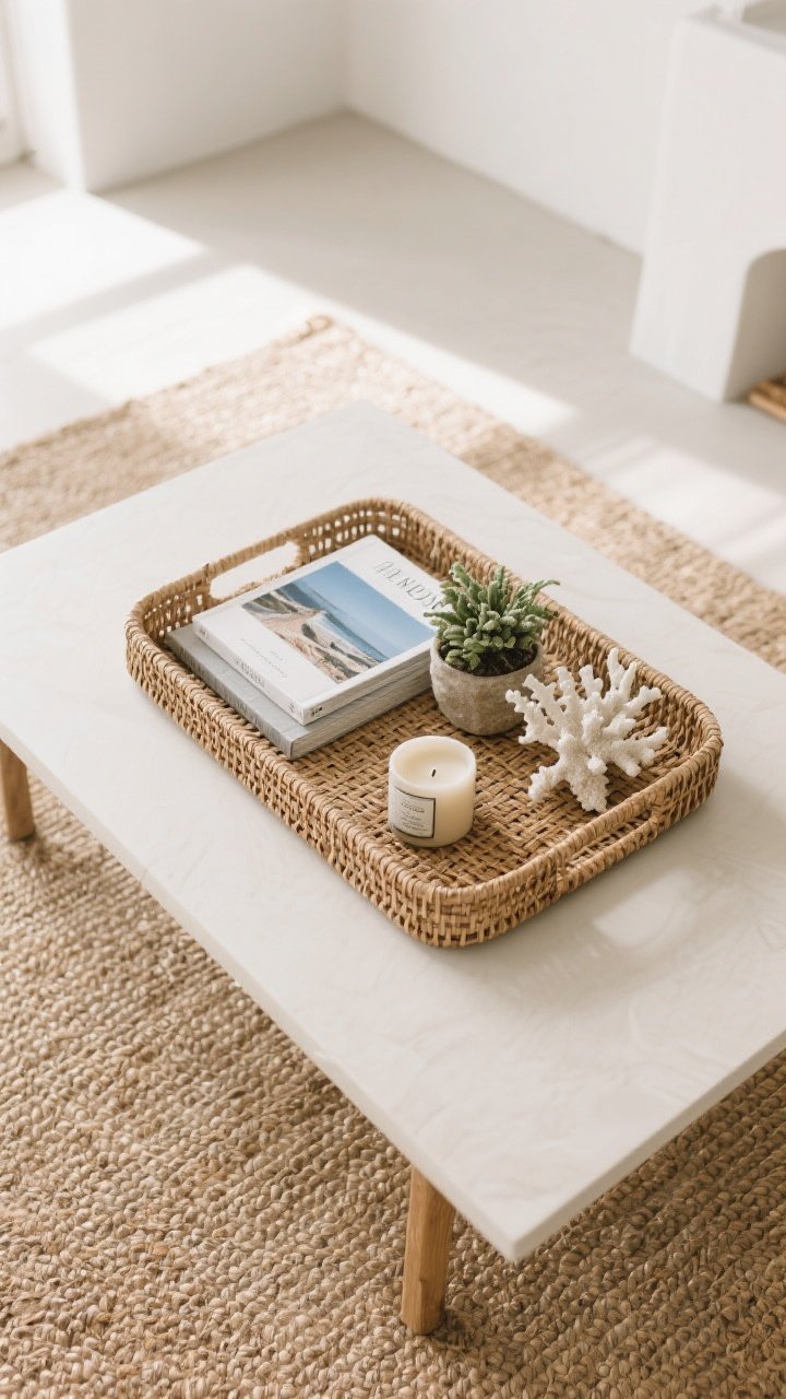 Overhead detail shot of a coffee table styled simply: a rattan tray corralling 2–3 coastal photography and design books, a small potted plant and a sea-salt candle, plus one sculptural element like white coral or a smooth stone; ample empty space left for usability; placed on a jute rug, natural daylight