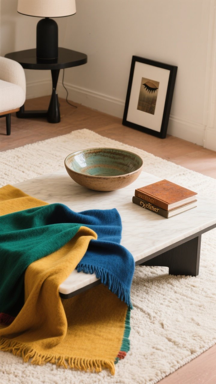 Overhead detail shot of a color-coordinated vignette on a coffee table over a cream rug: warm white/clay wall tone implied in the background; a hero textile swatch or folded throw setting the palette with jewel tones (emerald, indigo, saffron) repeated in two to three objects—ceramic bowl, pillow corner, small art book; accents in camel and rust appearing twice for intention; a slim black picture frame edge or dark lamp base corner for depth like “eyeliner”; soft diffused light maintaining an eclectic but cohesive mood; no people, photorealistic.